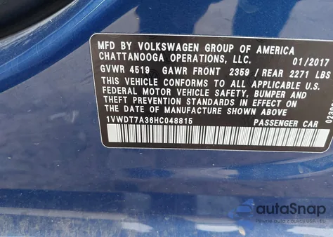 2017 Volkswagen Passat 1.8T R-Line z USA, uszkodzony, nr VIN 1VWDT7A36HC048815